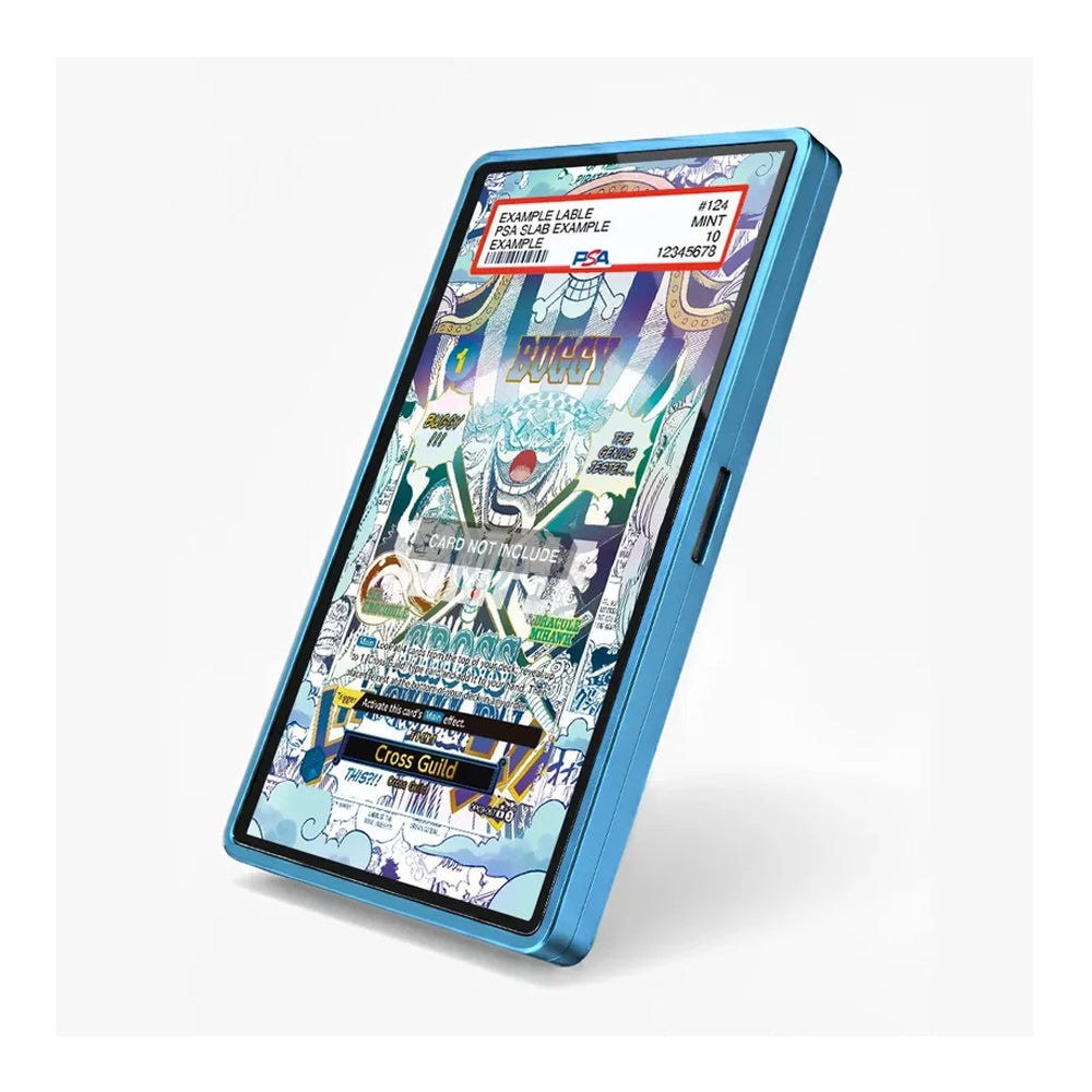 A blue smartphone case shown at an angle on a light gray background, with a colorful illustrated screen insert visible inside the phone.