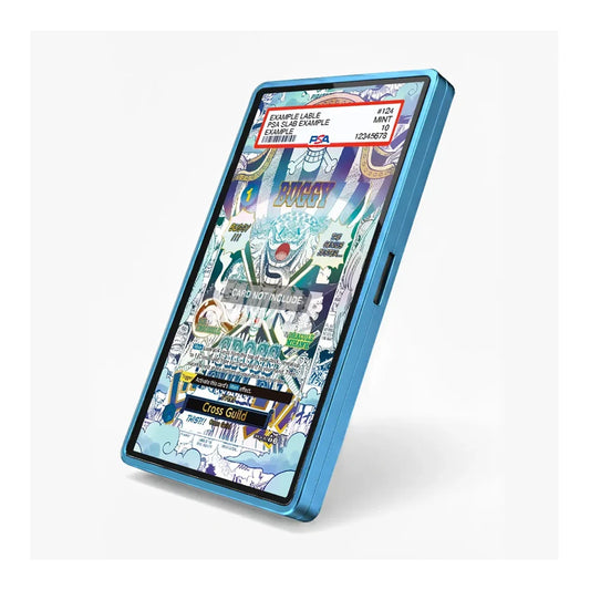 A blue smartphone case shown at an angle on a light gray background, with a colorful illustrated screen insert visible inside the phone.