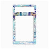 A decorative rectangular frame or mat with a large blank white center and illustrated border in light blue, purple, white, and small gold accents, shown on a plain white background.