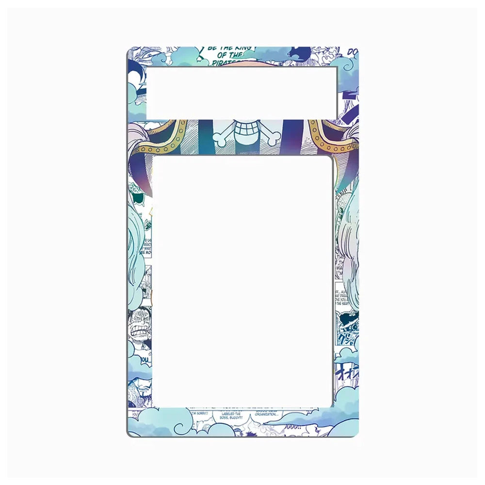 A decorative rectangular frame or mat with a large blank white center and illustrated border in light blue, purple, white, and small gold accents, shown on a plain white background.