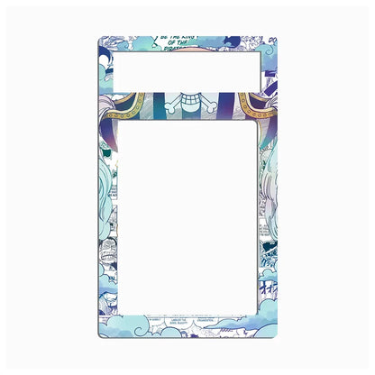 A decorative rectangular frame or mat with a large blank white center and illustrated border in light blue, purple, white, and small gold accents, shown on a plain white background.