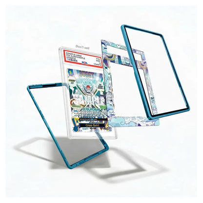 Three custom anime character acrylic frames with a metallic blue border are displayed in a floating, exploded layout against a clean white background. One frame is shown holding a graded PSA comic card, while the other two are empty.