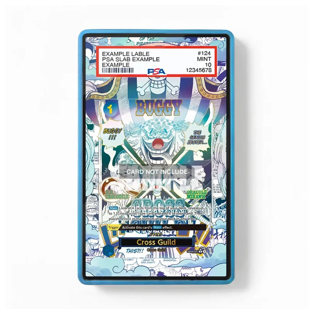A PSA graded collectible card featuring a highly detailed, colorful fantasy illustration of a character named 'Buggy' with a blue border, shown on a clean white background with a PSA label overlay.