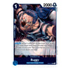 A single illustrated trading card featuring the character Buggy from One Piece, with a dark blue border, white text boxes, and artwork of Buggy with a clown nose and striped clothing. The card includes game text and a '2000' power value in the top right.