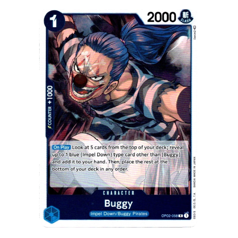 A single illustrated trading card featuring the character Buggy from One Piece, with a dark blue border, white text boxes, and artwork of Buggy with a clown nose and striped clothing. The card includes game text and a '2000' power value in the top right.