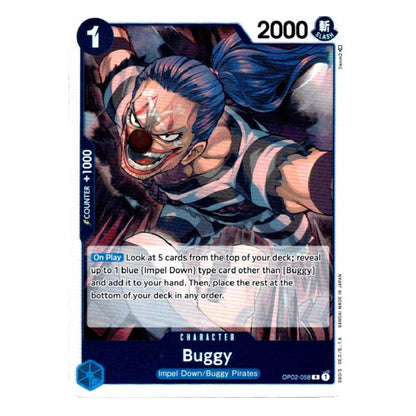 A single illustrated trading card featuring the character Buggy from One Piece, with a dark blue border, white text boxes, and artwork of Buggy with a clown nose and striped clothing. The card includes game text and a '2000' power value in the top right.