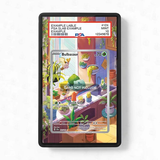 Trading card with Bulbasaur illustration in a display case on a white background
