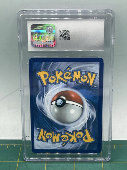 Pokémon trading card in a protective case on a white background