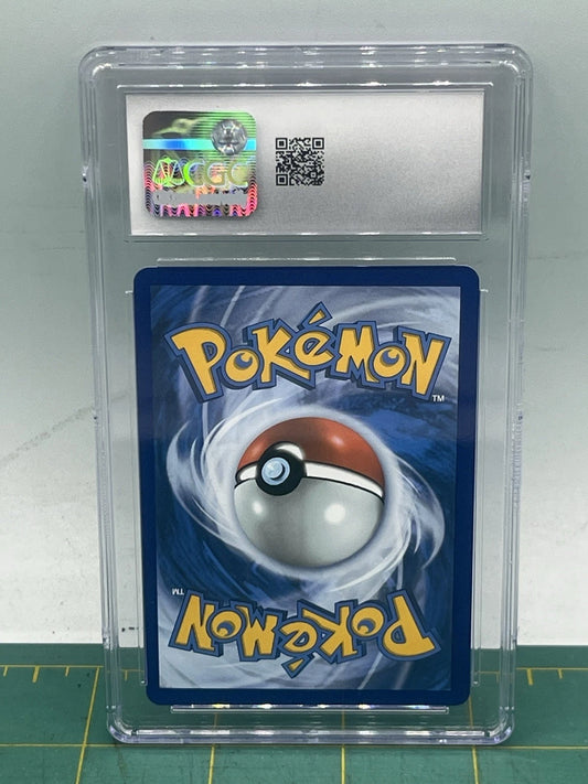 Pokémon trading card in a protective case on a white background