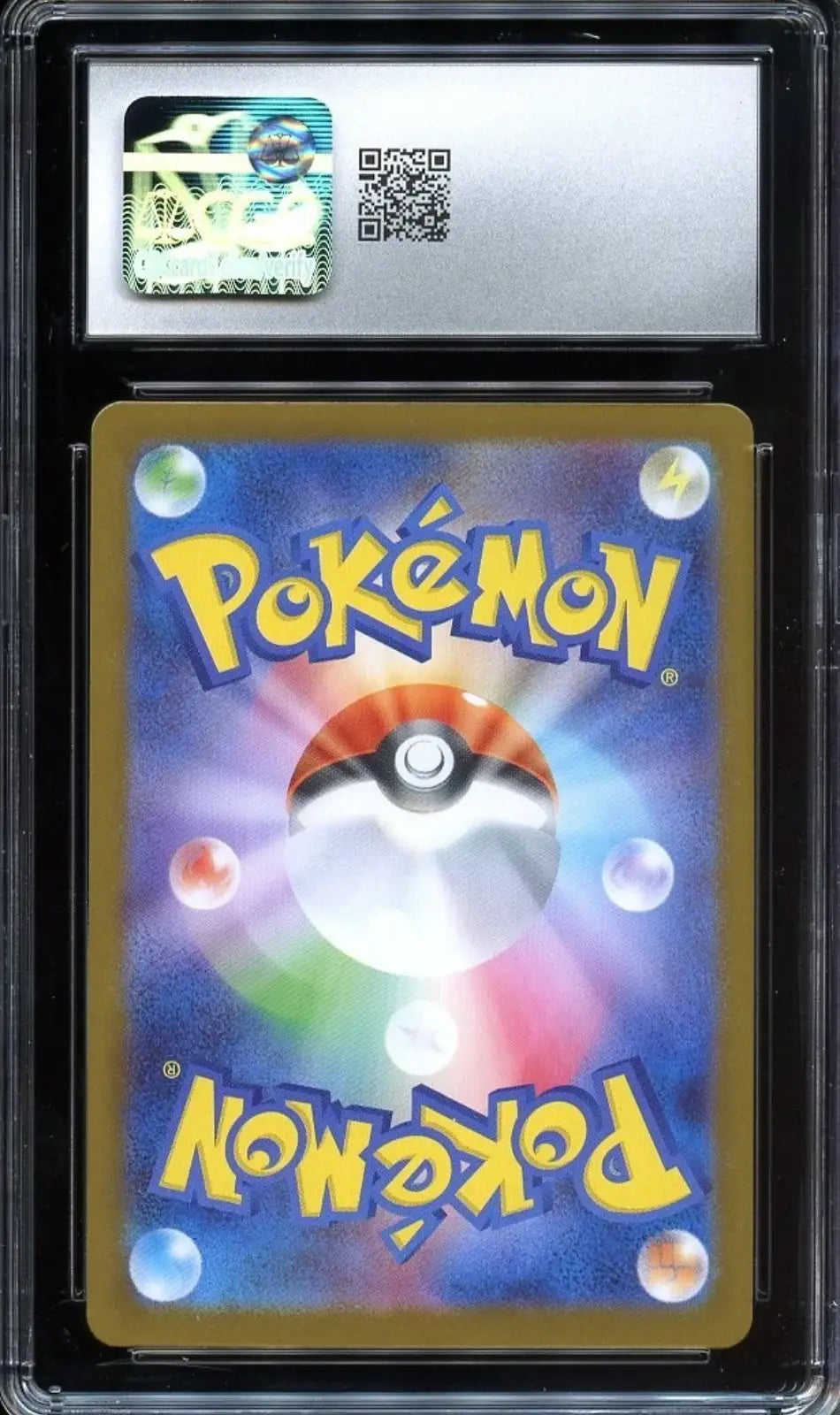 A graded Pokémon card in a clear plastic grading slab. The card features a blue and purple background with a Pokéball in the center and yellow 'Pokémon' text, and a holographic authentication label is visible at the top.