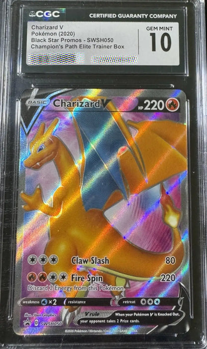 Pokémon Charizard V card in a protective case with CGC certification label