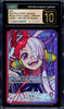 Trading card with a character design in a protective case, featuring certification details.