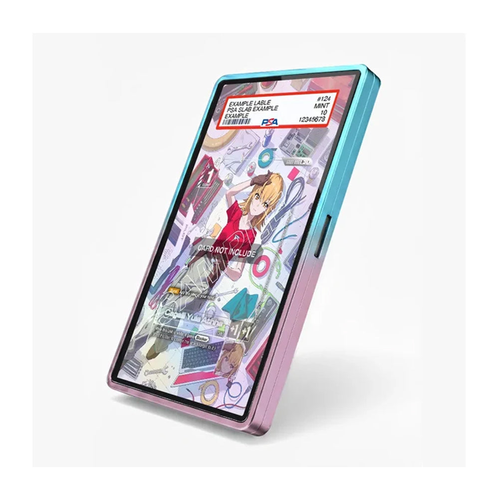 A slim tablet or e-reader device shown at an angle on a light gray background. The device has a translucent border with a blue-to-purple gradient on the top and a pink-to-purple gradient on the bottom.