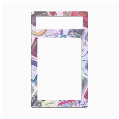 A rectangular picture frame with a colorful, vintage-style illustration border depicting tools and mechanical parts, shown against a plain white background.