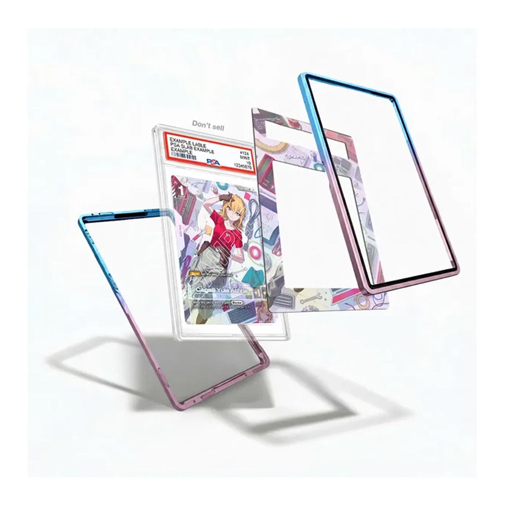 Three transparent phone screen protectors with colorful printed borders are shown floating against a white background, with one protector partially covering a comic book card.