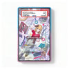 A PSA-certified example slat cable in a protective display sleeve with a colorful anime illustration. The cable is labeled 'EXAMPLE LABLE' with a 'PSA SLAB EXAMPLE' header, and the display case has a blue-to-purple gradient border.