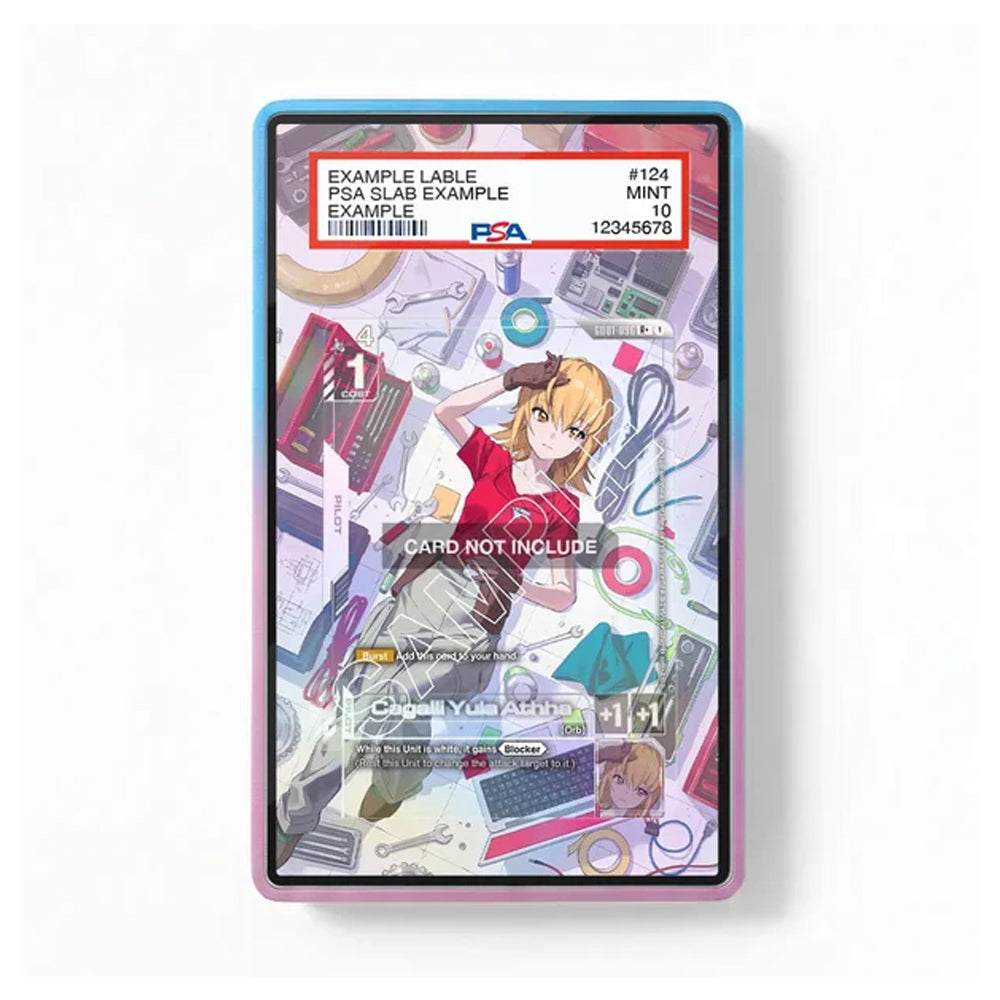 A PSA-certified example slat cable in a protective display sleeve with a colorful anime illustration. The cable is labeled 'EXAMPLE LABLE' with a 'PSA SLAB EXAMPLE' header, and the display case has a blue-to-purple gradient border.