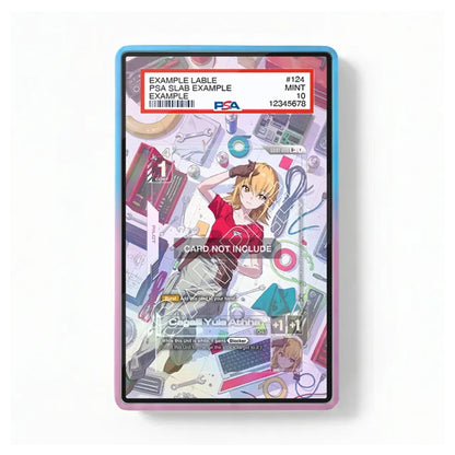 A PSA-certified example slat cable in a protective display sleeve with a colorful anime illustration. The cable is labeled 'EXAMPLE LABLE' with a 'PSA SLAB EXAMPLE' header, and the display case has a blue-to-purple gradient border.