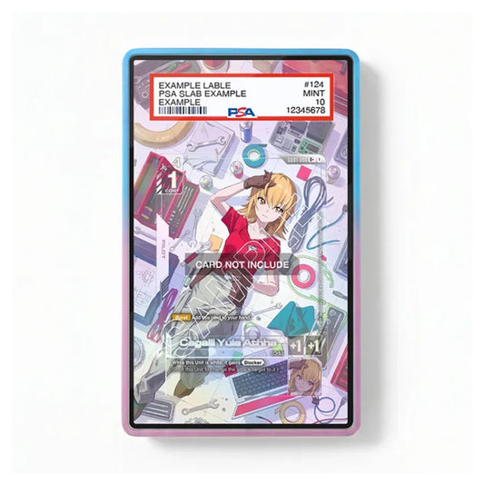 A PSA-certified example slat cable in a protective display sleeve with a colorful anime illustration. The cable is labeled 'EXAMPLE LABLE' with a 'PSA SLAB EXAMPLE' header, and the display case has a blue-to-purple gradient border.