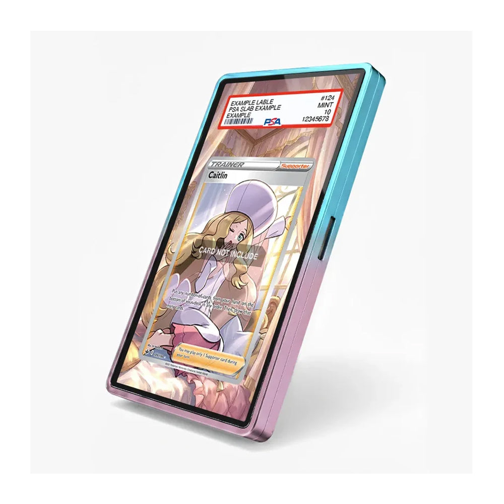 A smartphone shown at an angle with a translucent pastel shell in blue, teal, and pink/lilac tones. The screen displays a Pokémon trading card game interface with a visible PSA grading label at the top.