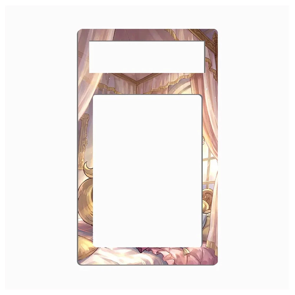 A decorative phone case or frame insert with a large blank white center and an illustrated border showing pink curtains, gold trim, and a soft pastel interior scene.