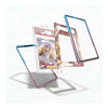Three transparent phone case frames with colorful iridescent edges are shown floating around a graded holographic trading card on a clean white background.