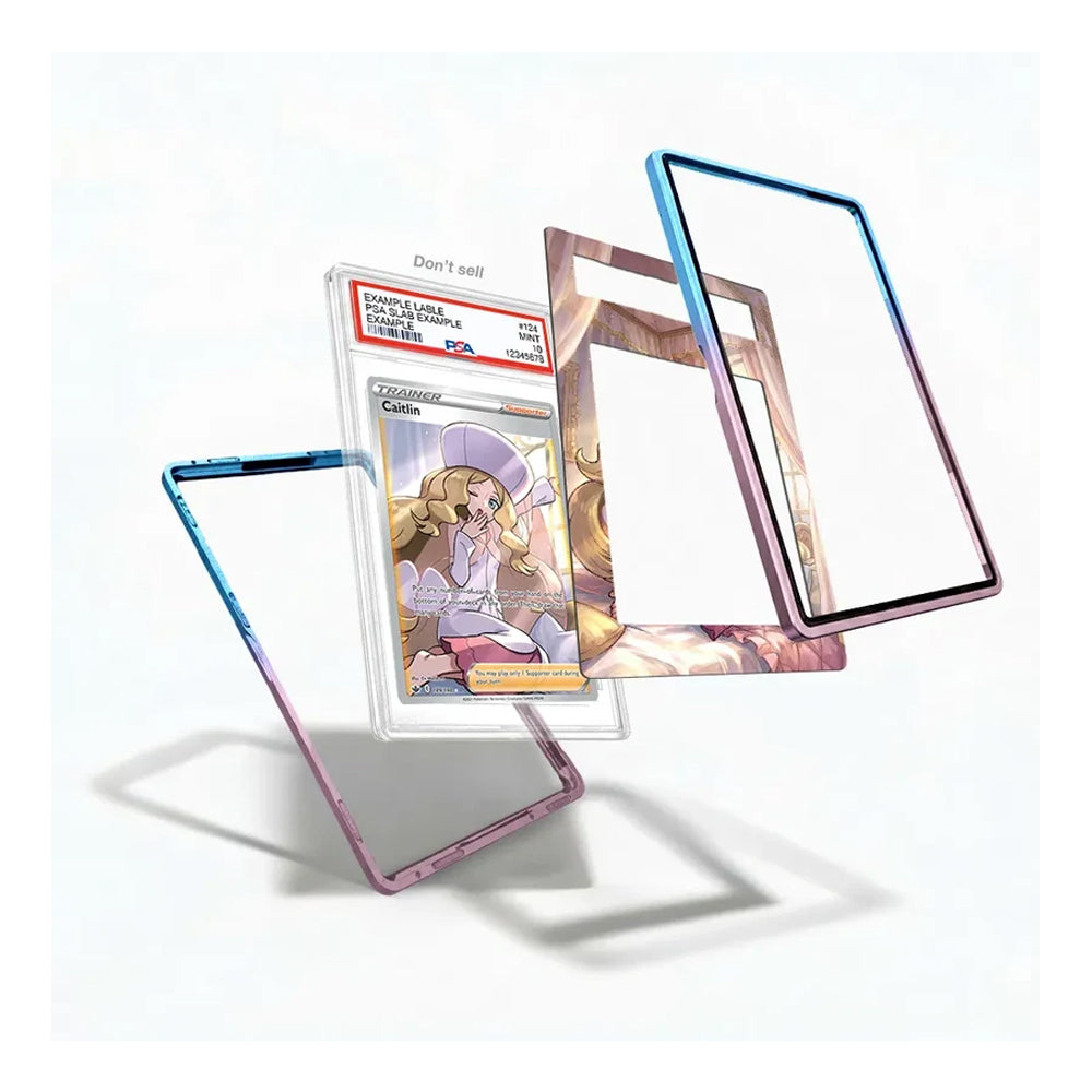 Three transparent phone case frames with colorful iridescent edges are shown floating around a graded holographic trading card on a clean white background.