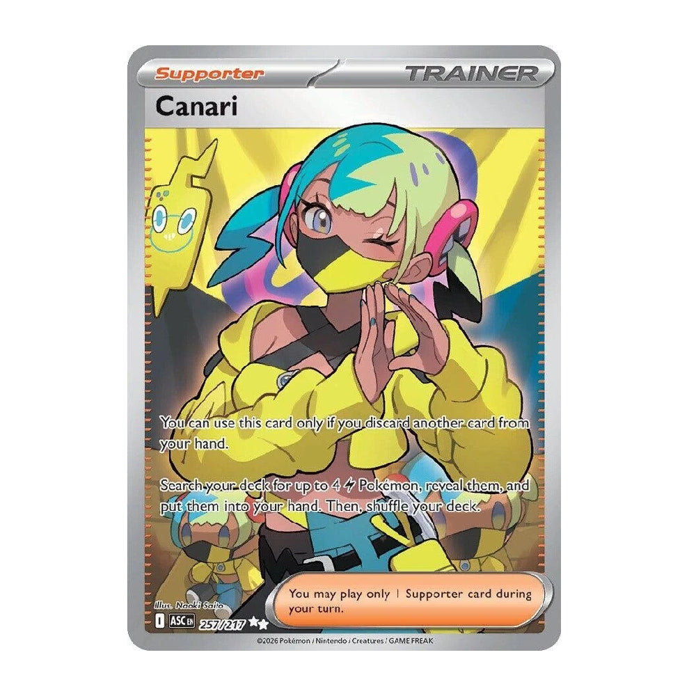 A Pokémon trading card featuring the Canari trainer character, with illustrated artwork of a canary in a yellow outfit and a small yellow bird companion. The card has a silver border and visible Pokémon and Nintendo branding at the bottom.