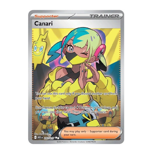 A Pokémon trading card featuring the Canari trainer character, with illustrated artwork of a canary in a yellow outfit and a small yellow bird companion. The card has a silver border and visible Pokémon and Nintendo branding at the bottom.