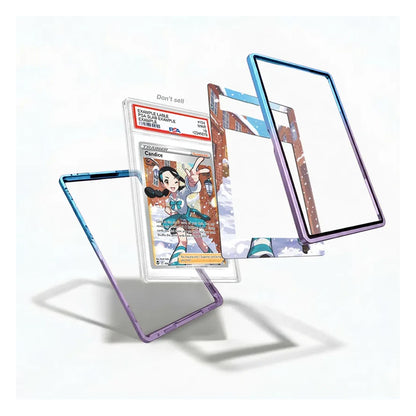 A set of transparent acrylic or glass card sleeves with colorful printed borders, shown floating around a sample Pokémon card on a clean white background.