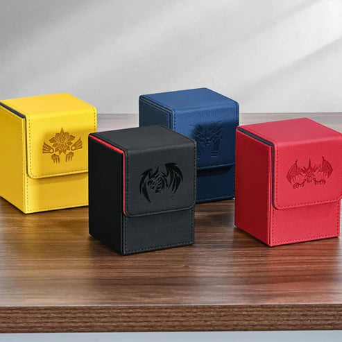 Card Deck Box for Yugioh MTG Cards, 100+ Deck Case with 2 Dividers Fits TCG CCG, PU Leather Card Storage Box Compatible with Collectible Trading Cards (Black & Red, Extinction Dragon)