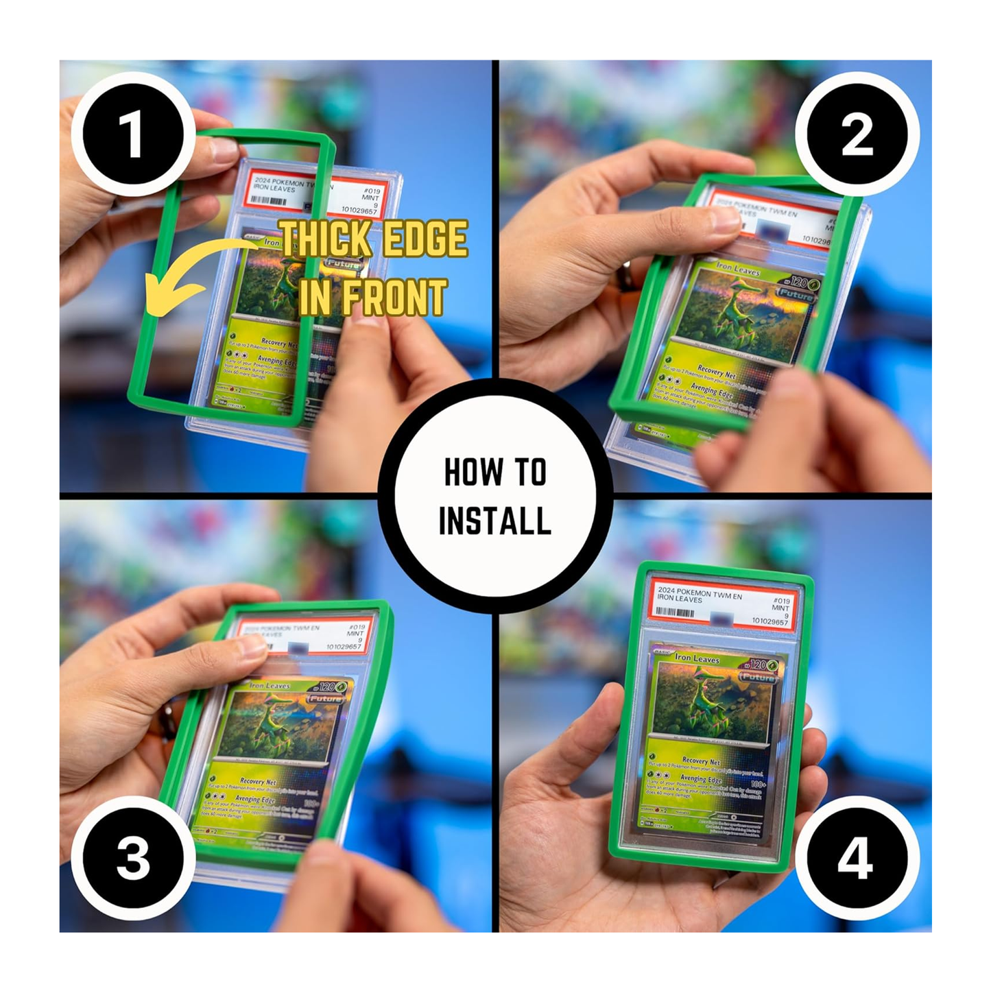 Step-by-step guide on how to install a thick edge card protector with a colorful card inside.