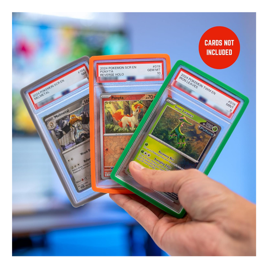 Hand holding a stack of trading cards with a colorful display in the background