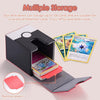 Card storage box with cards and partition plates on a light pink background
