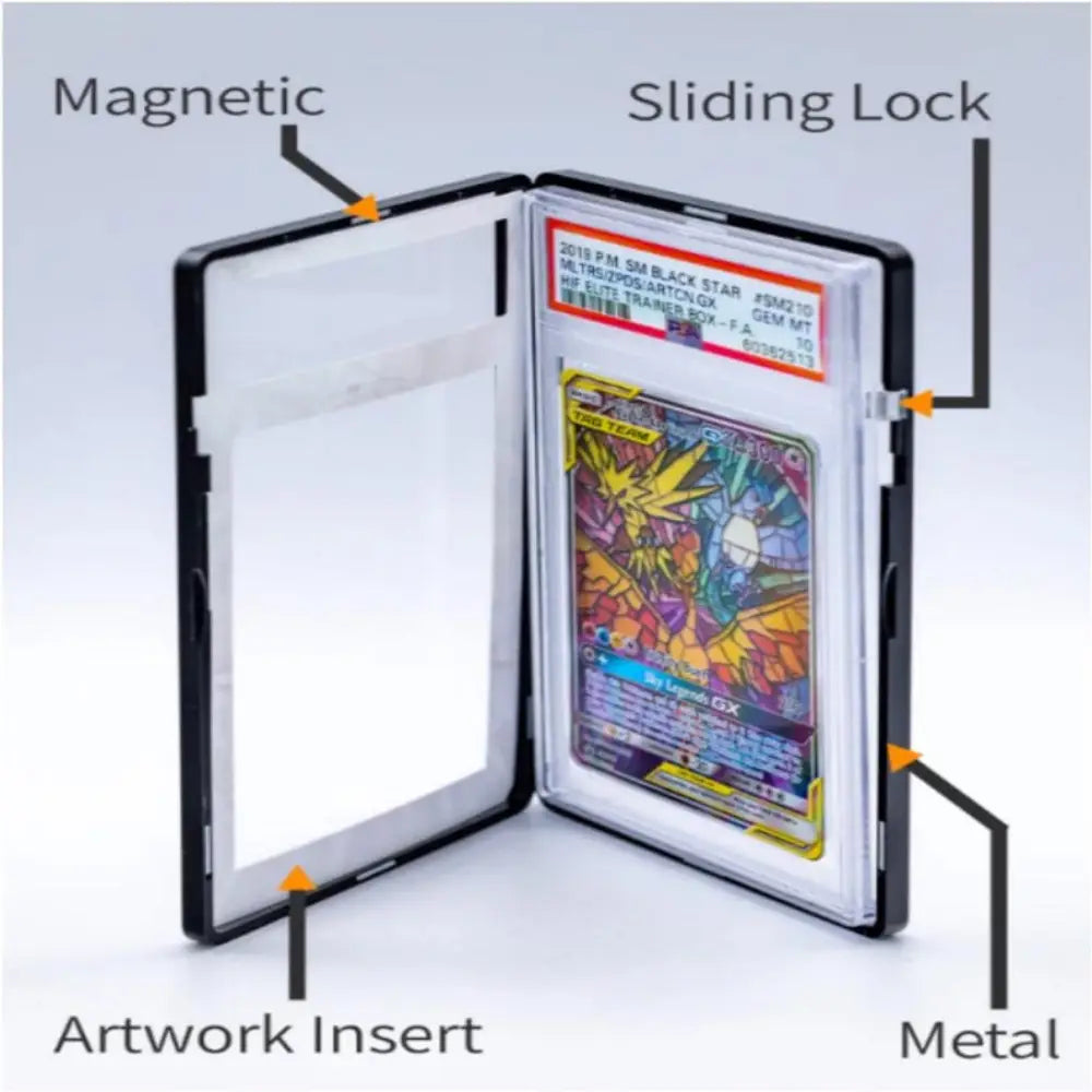Card holder with labeled features on a light gray background