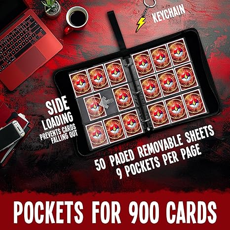 Card holder with multiple pockets on a red background with text detailing features.