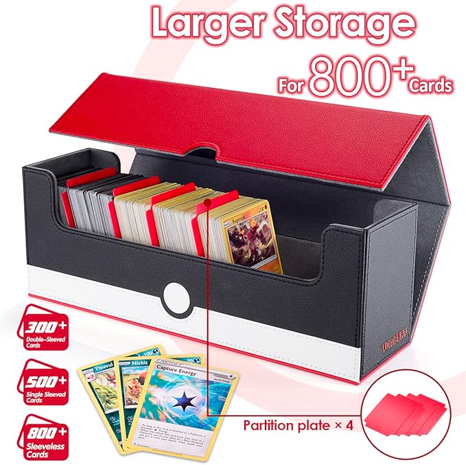 Card storage box with red lid and black base, containing trading cards, on a white background.