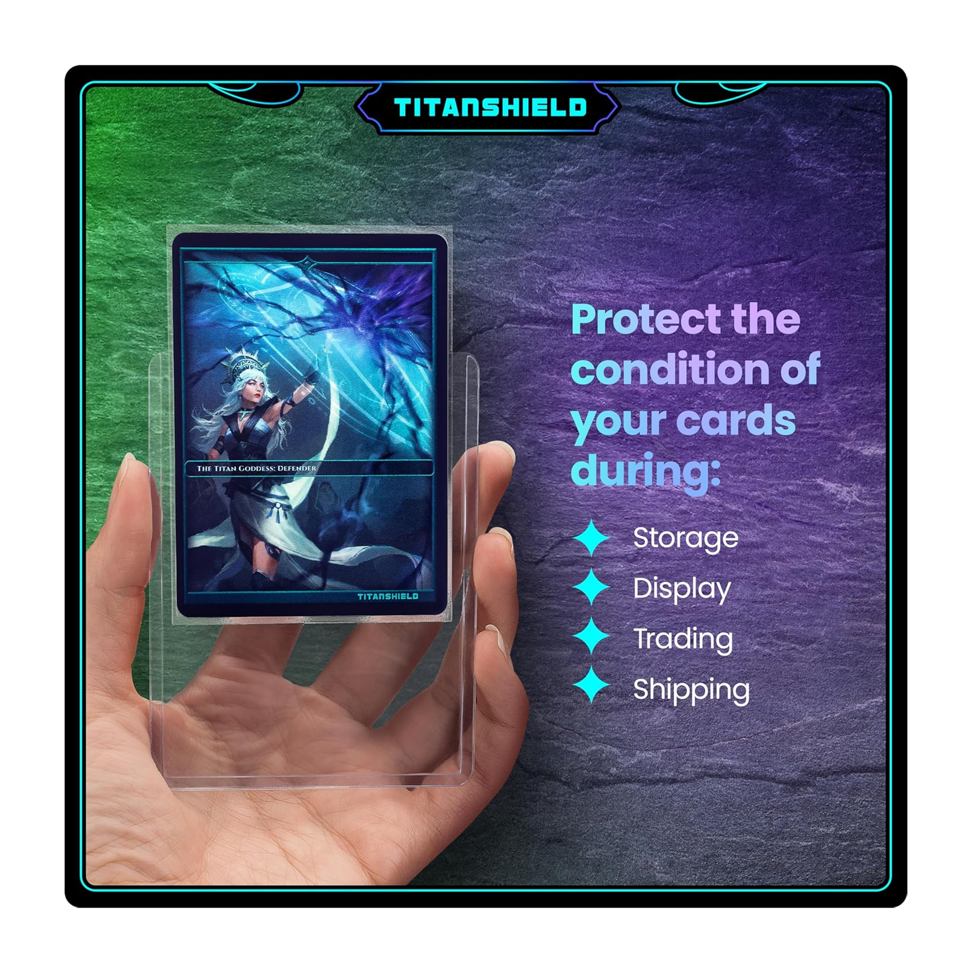 Card with Titanshield packaging, showing a hand holding a card with a blue and purple gradient background.