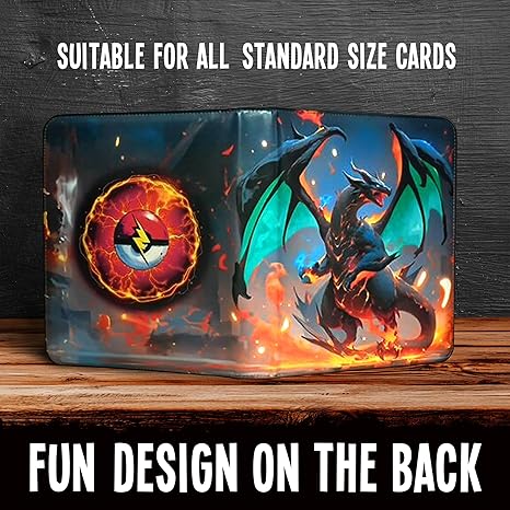 Card with dragon and phoenix design on a wooden surface with text about card compatibility.