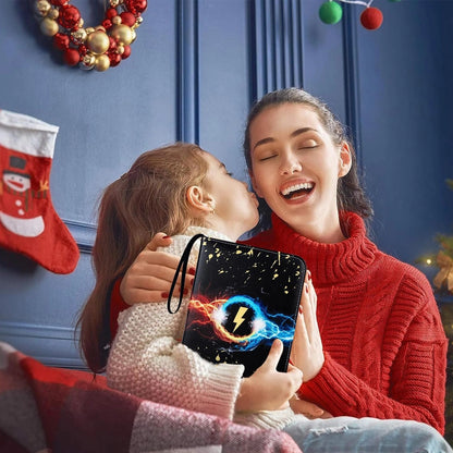 Woman and child holding a binder with a Christmas-themed background
