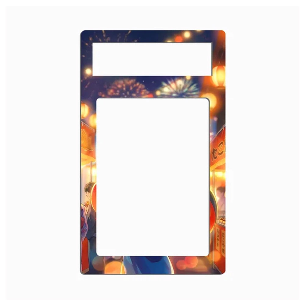 A rectangular phone case or decorative frame with rounded corners, featuring an illustrated night scene with fireworks, lantern lights, and warm glowing bokeh. The top section has a horizontal cutout, and the center has a large vertical cutout, leaving the middle area blank.