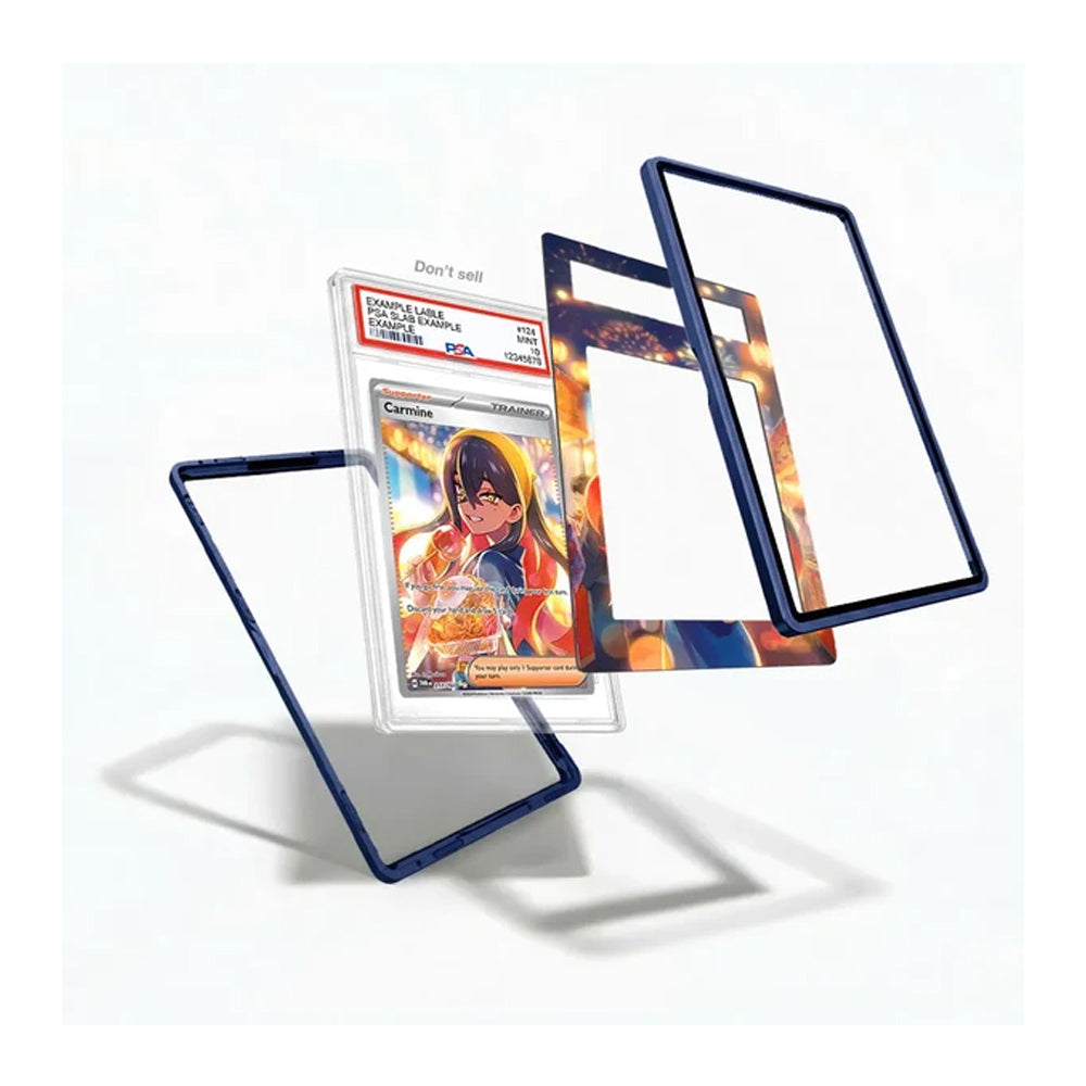 A set of transparent acrylic card sleeves with dark blue borders, shown floating around a graded Pokémon TCG card on a clean white background.