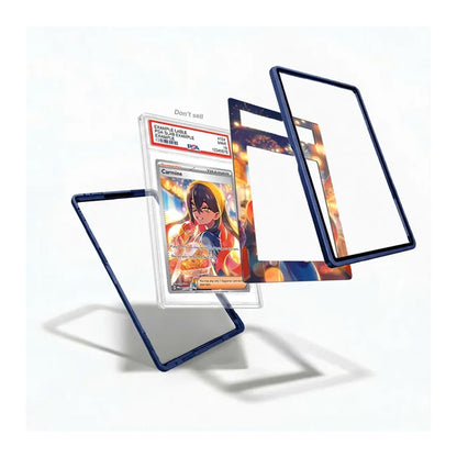 A set of transparent acrylic card sleeves with dark blue borders, shown floating around a graded Pokémon TCG card on a clean white background.