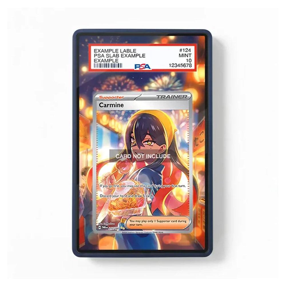 A PSA graded protective card slab containing a Carmine Sabatucci trainer card, shown against a plain white background. The slab features a colorful anime-style illustration of Carmine holding a bowl of ramen, with a red PSA grading label at the top.