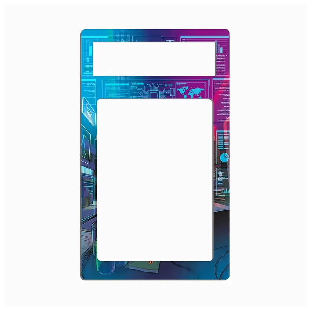 A rectangular decorative plate or sign with rounded corners, featuring a colorful futuristic digital interface design in blue, purple, and pink tones. The plate has two large white rectangular cutouts, one near the top and one large central cutout, shown on a plain white background.