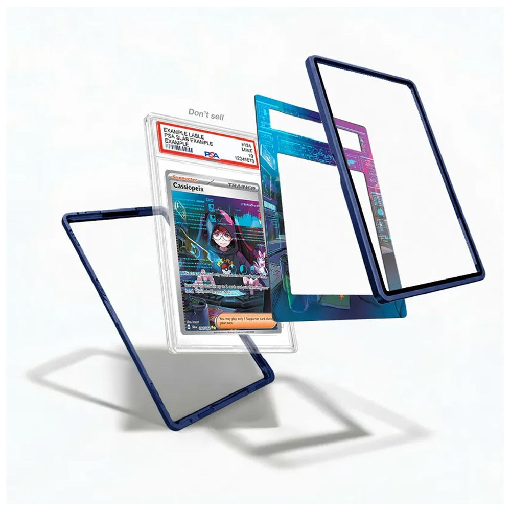 Three transparent acrylic card sleeves with dark blue borders are shown floating on a white background, with a graded collectible card partially visible inside one sleeve to demonstrate use.