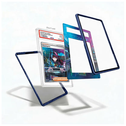 Three transparent acrylic card sleeves with dark blue borders are shown floating on a white background, with a graded collectible card partially visible inside one sleeve to demonstrate use.