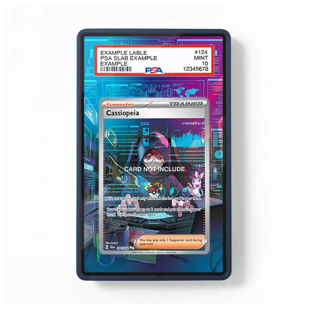 A PSA graded trading card slab showing a Cassidy card inside, with a PSA label visible at the top and a stylized blue futuristic city graphic in the background.