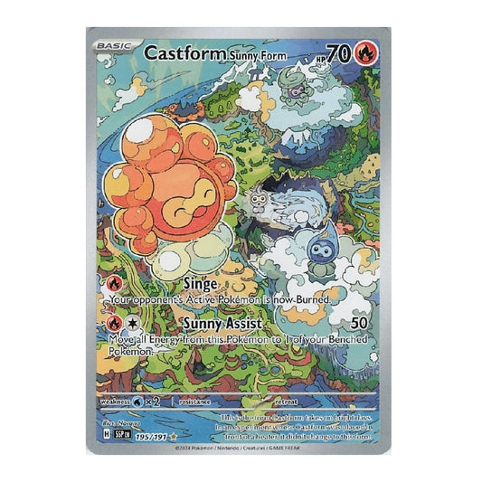 A Pokémon trading card featuring Castform in Sunny Form, shown against a plain white background. The card includes artwork of Castform and Singe, with move text 'Sunny Assist' and a fire icon in the top right.