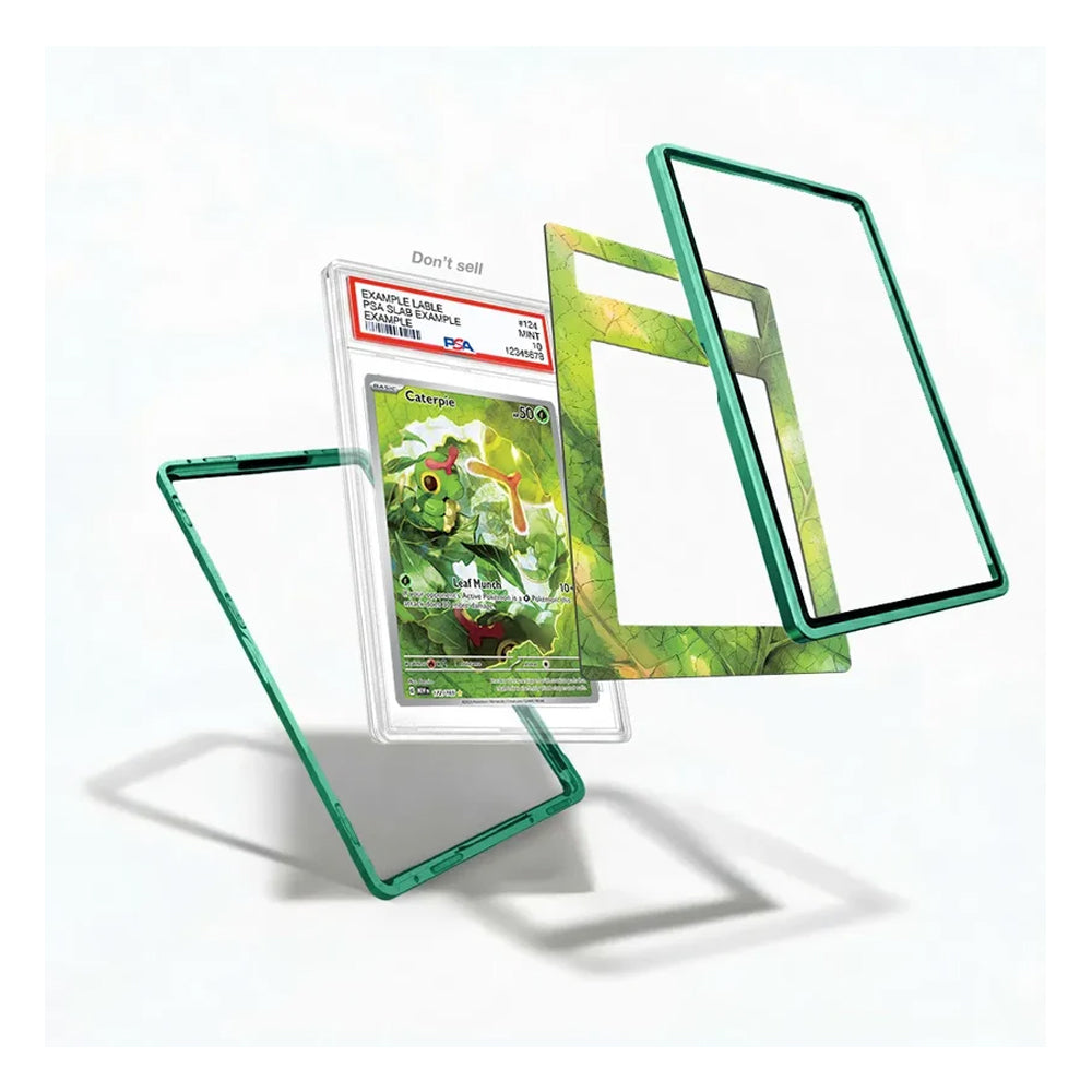A clear acrylic card protector case with a translucent green frame, shown in multiple angles around a graded Pokémon card. The product is displayed on a clean white background with soft shadows.